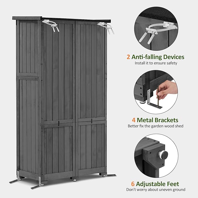 MCombo Outdoor Storage Cabinet, Garden Storage Shed, Outside Vertical Shed with Lockers, Outdoor 63 Inches Wood Tall Cabinet for Yard and Patio 0870 (Grey)
