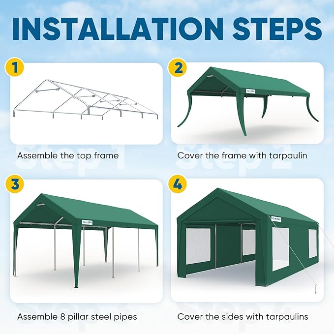 Quictent 12x20 ft Heavy Duty Carport Canopy Galvanized Car Tent Outdoor Garage Boat Shelter with Reinforced Structure with Roll-up Ventilated Windows Sidewall - Green