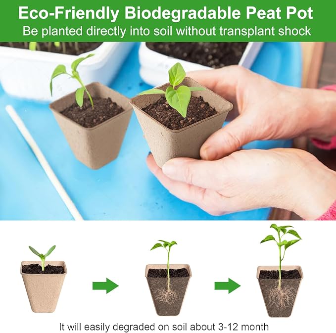 120 Pack 3.15 Inch Square Peat Pots for Seedlings, Seed Starting Pots with Drainage Holes Nursery Pot, Herb Seed Starter Pot Kits wit 30 Plant Labels, 2 Transplant Tools.