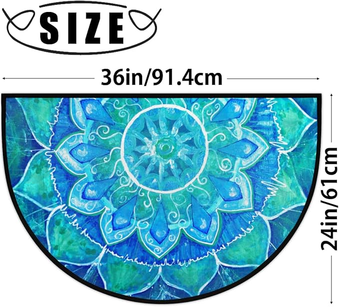 cfpolar Half Round Blue Boho Mandala Semicircle Mat, Non Slip Area Rug Soft Doormat for Front Door Indoor Entrance Welcome Mat for Garage Patio Home Decor 24 x 36 in