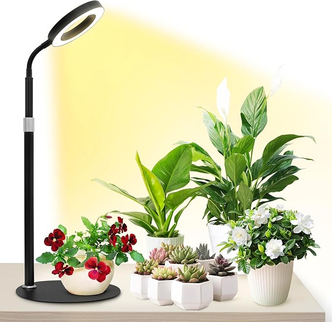 Desk Grow Lights for Indoor Plants, Red Blue UV Full Spectrum Desktop LED Plant Growing Lamps, Height Adjustable 14-24inch, 3/9/12H Auto Timer,10 Levels Dimmable, Black Table Growth Light