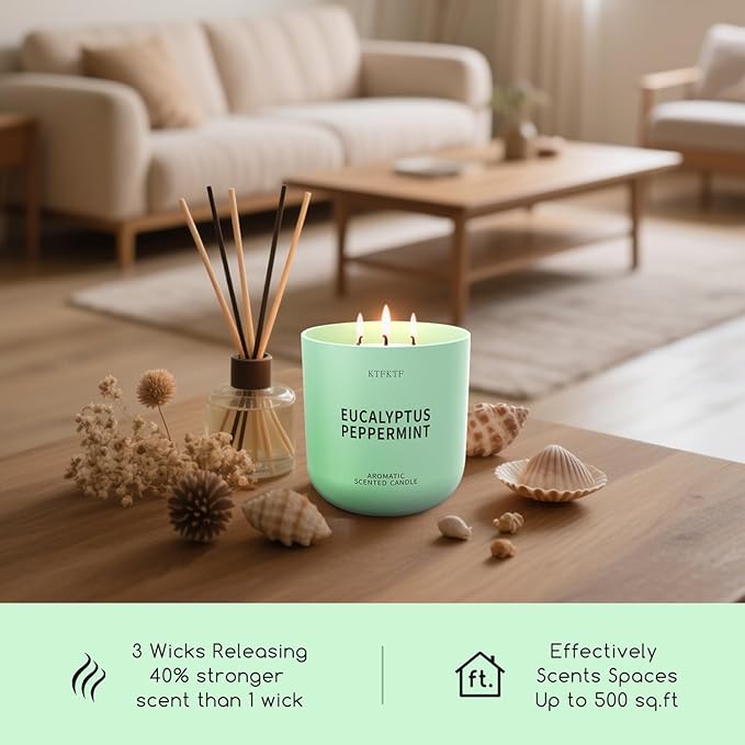 Eucalyptus Peppermint Scented Candle for Home, 14.2oz 80 Hours Long Lasting Aromatherapy Candles for Stress Relief & Energy, Non-Toxic Essential Oil & Soy Wax | Cooling Mint & Woody Aroma