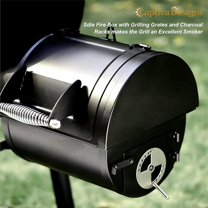 Captiva Designs Charcoal Grill with Offset Smoker, All Metal Steel Made Outdoor Smoker, 512 sq.in Cooking Area, Best Combo for Outdoor Garden Patio and Backyard Cooking