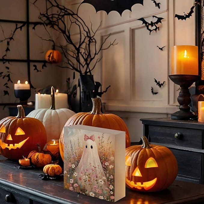 Mtrgdn Cute Halloween Decor,Halloween Decorations Indoor,Ghost with Bow Flower Desk Decor Wooden Box Sign,Halloween Home Office Kitchen Bathroom Bedroom Coffee Bar Table Shelf Wall Decorations,5x5 In