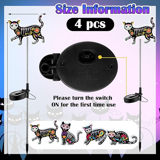 Retisee 4 Pack Halloween Black Cat Solar Lights Outdoors Solar Cat Lamp Yard Decorations Halloween Party Favors Waterproof Lights for Pathway Lawn Porch Warm White LED