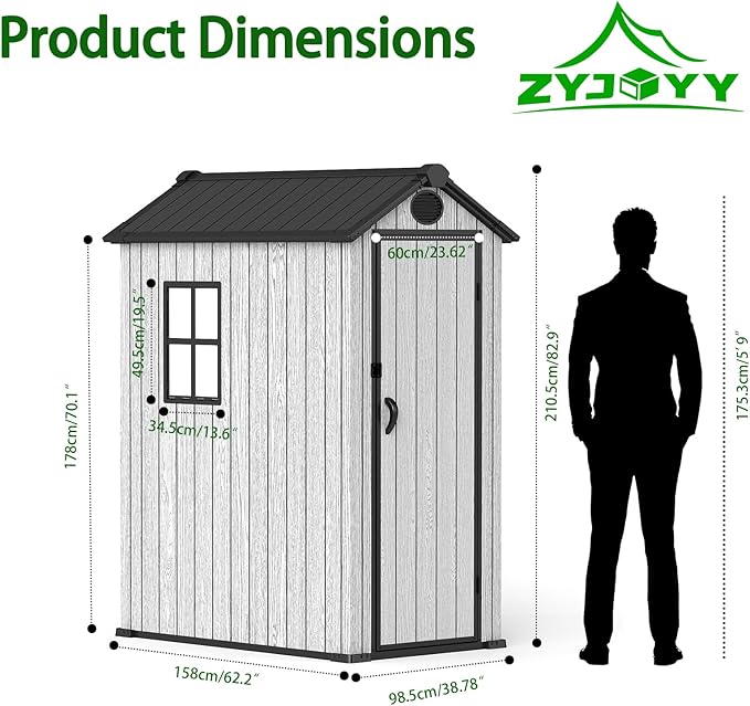 3 x 5 FT Shed Resin Outdoor Storage with Floor, Plastic Shed with Window and Lockable Door for Garden, Backyard, with Wood Texture, Grey