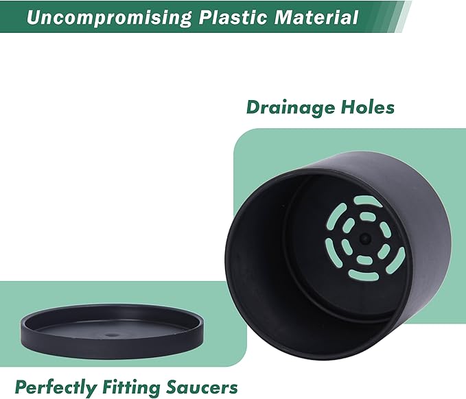 D'vine Dev 12 Pack 3.5 Inch Mini Plastic Plant Pots, Small Garden Planters for Plant with Drainage Holes and Saucers, Black Color, 74-Y-D-4