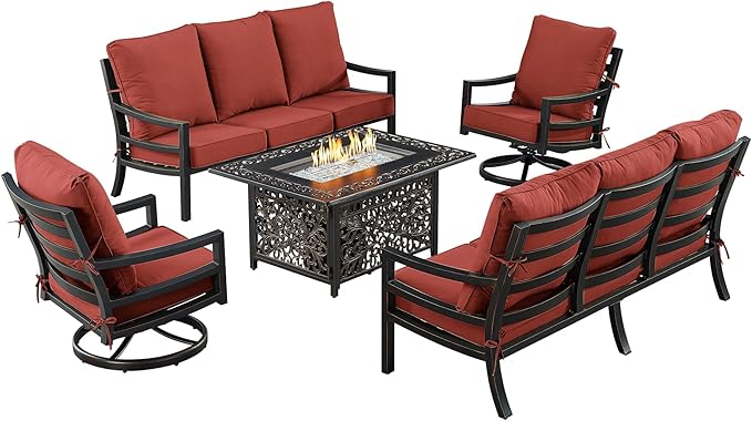 Oakland Living Black Aluminum Patio Fire Table Set with Two Deep Seating Sofa with Cushions and Two Club Chairs with Red Cushions