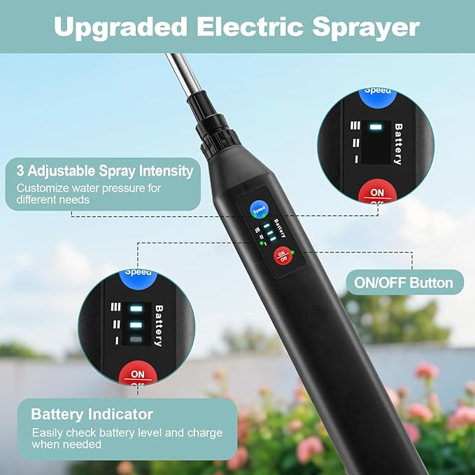 Battery Powered Sprayer 1.35Gallon/5L, 2025 Upgraded Electric Sprayer in Lawn and Garden with 3 Adjustable Force, Battery Indicator, Rechargeable Handle, Telescopic Wand,3 Mist Nozzles,Shoulder Strap
