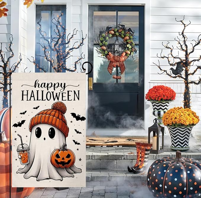 BLKWHT Halloween Ghost Garden Flag 12x18 Vertical Double Sided Black Bat Happy Fall Holiday Outside Decorations Burlap Yard Flag BW836