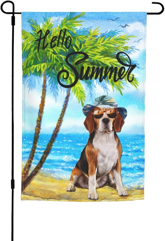 Beagle Dog Summer Summer Beach Palm Trees Tropical Garden Flag Welcome Party Outdoor Outside Decorations Picks Home House Garden Yard Decor 12x18 Inch