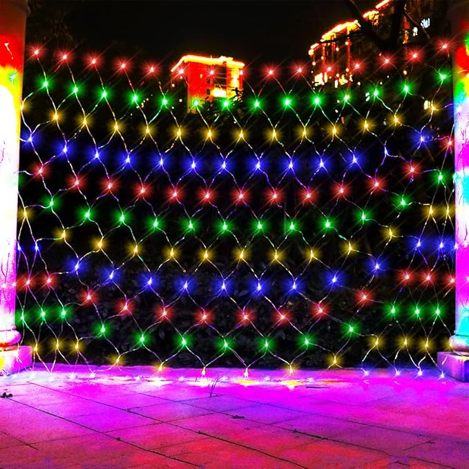 LED Net Light Christmas Mesh Lights, Tree Warp Fairy Lights Outdoor Hanging String Light for Christmas, Halloween, Garden, Walkway, Bushes Decor-9.8ft x 6.6ft(Colorful)