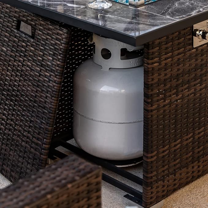 30'' Propane Fire Pit Table, Marble Textured Ceramic Tabletop, 50,000 BTU Fire Table with Brown Wicker, Mix Color Glass Rocks, Including Lid&Cover, Square