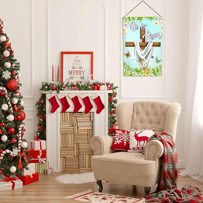 Christian Easter He Is Risen Cross Spring Garden Flag Welcome Party Outdoor Outside Decorations Picks Home House Garden Yard Decor 12x18 Inch