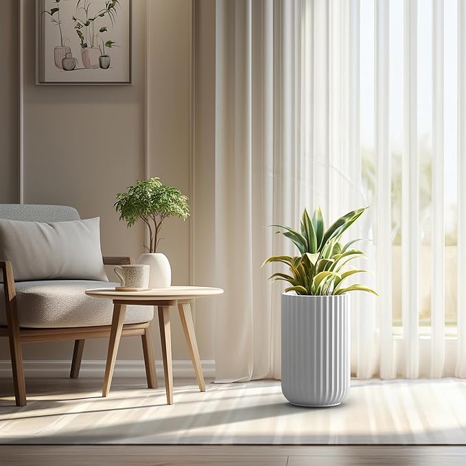 Kante Tall Fulted Planter, 17.7 Inch Tall Round Concrete Plant Pots with Drainage Hole and Rubber Plug, Modern Decor for Indoor Outdoor Plants, Flower, White