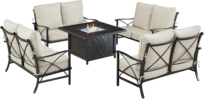 Oakland Living AHRI-4LS-CAVE-LGCU-AC Black Aluminum Patio Fire Table Set with Four Deep Seating Loveseat with Cushions, Antique Copper