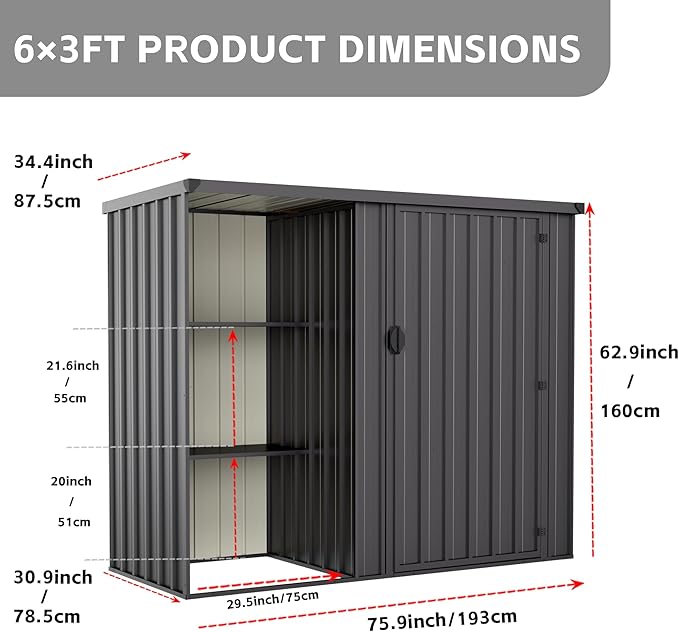 6×3 FT Metal Outdoor Storage Shed with Shelves, Lockable Waterproof Garden Tool Shed, Robust Backyard Patio Shed with Sloped Roof for Lawn Mower, Dark Gray (No Floor)