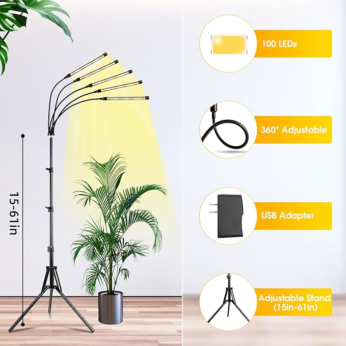 Wolezek Grow Lights for Indoor Plants Full Spectrum, 100 LEDs Plant Lights for Indoor Growing with Adjustable Stand, 5-Head Plant Grow Lights with Auto 6/12/16H Timer, Ideal for Large & Tall Plants