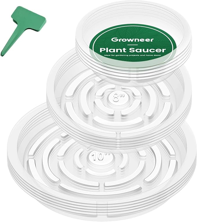 GROWNEER 15 Pack of 6, 8, 10 Inches Clear Plant Saucers Flower Pot Trays, with 15 Pcs Plant Labels, Plastic Plant Drip Trays for Indoor Outdoor Plants Garden, 5pcs of Each Size