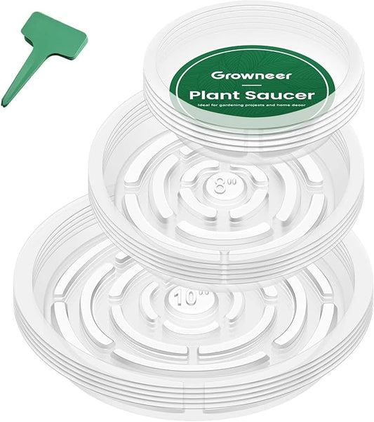 GROWNEER 15 Pack of 6, 8, 10 Inches Clear Plant Saucers Flower Pot Trays, with 15 Pcs Plant Labels, Plastic Plant Drip Trays for Indoor Outdoor Plants Garden, 5pcs of Each Size