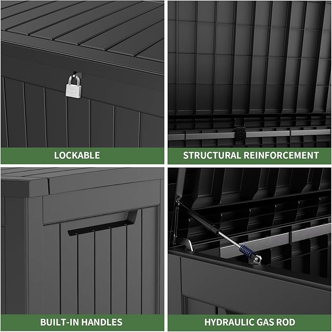 230 Gallon Outdoor Storage Deck Box Waterproof, Large Patio Storage Bin for Outside Cushions, Throw Pillows, Garden Tools, Lockable (Black Resin Lid)