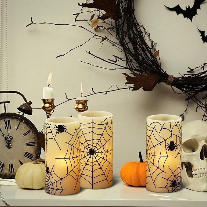 DRomance Flameless Candles Battery Operated with Timer, Set of 3 Spider Cobweb Decals Yellow Light Real Wax LED Flickering Pillar Candles Dinner Tabletop Halloween Home Decoration (3" x 6")