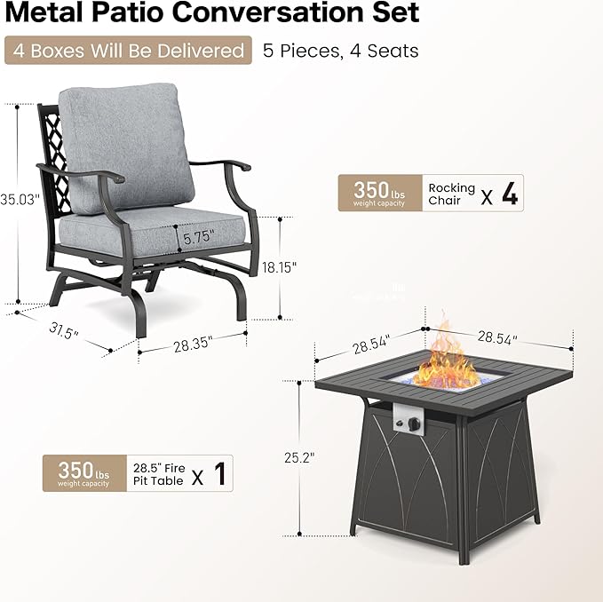 5 Piece Metal Outdoor Patio Furniture Set with Fire Pit Table, Patio Conversation Sets 4 Rocking Chairs with 5.75" Thick Cushion and 5000 BTU Fire Pit Table, Backyard Furniture, Gray