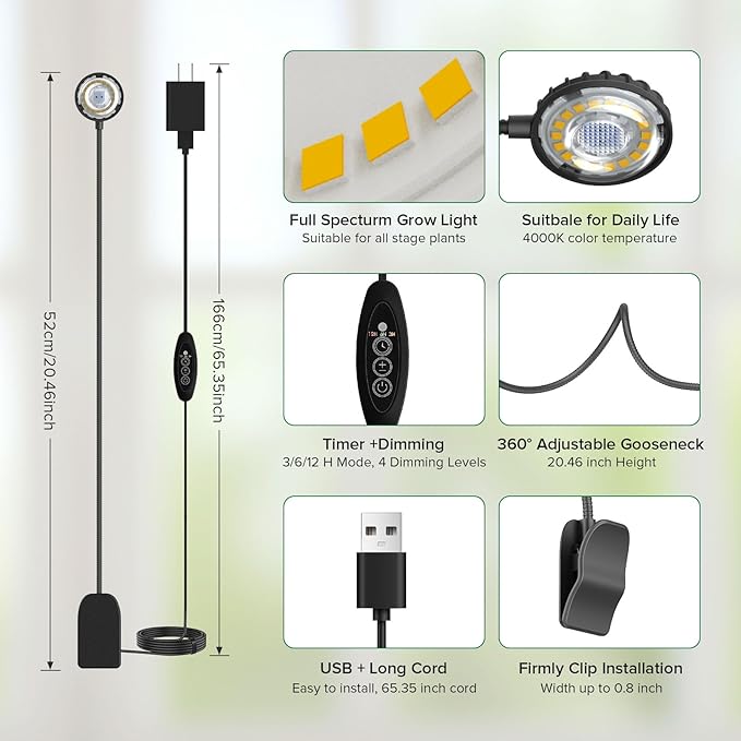 Grow Lights for Indoor Plants, Full Spectrum Plant Grow Lights, 4000K Pot Clip LED Plant Lamps for Indoor Growing with Auto Timer, 4 Dimmable Modes Clip on Light for Succulents 1 Pack