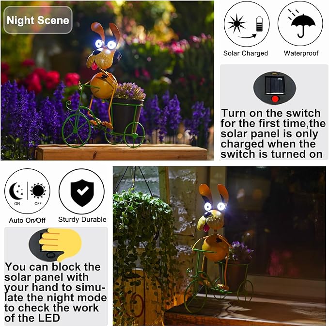 14”Solar Bike Dog Statue Lights Outdoor Metal Yard Art, Funny Bicycle Plant Stand for Garden Patio Decor Lawn Ornaments,Gift for Dog Lovers