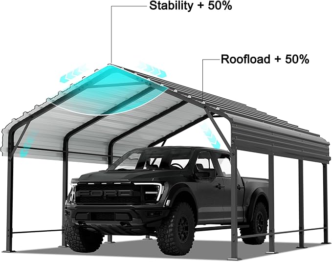 Metal Carport, Heavy Duty Metal Carport Canopy with Galvanized Steel Roof and Frame, Permanent Garage for Pickup, Bass Boat, Trucks, Car and Tractors