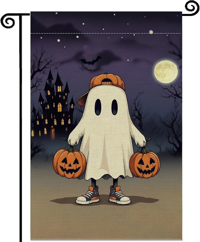 Halloween Ghost Garden Flag 12x18 Inch Double Sided, Pumpkin Castle Moon Burlap Autumn Seasonal Holiday Yard Outdoor Decor Halloween8