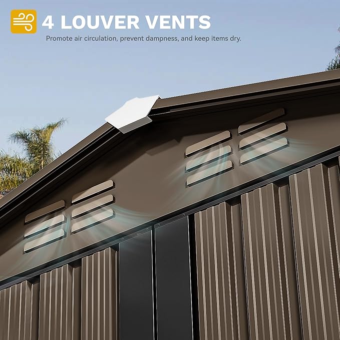 DWVO 6x4ft Metal Outdoor Storage Shed, Waterproof Tool Shed Heavy-Duty Storage Unit with Lockable Door and Vents, Ideal for Bicycles, Tools, Lawnmowers, Backyards, Patios, Lawns - Brown