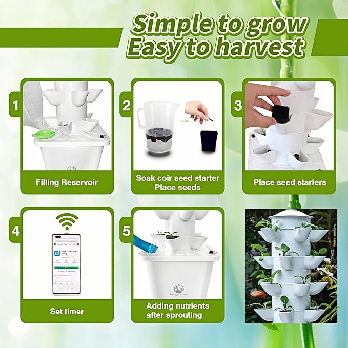 Hydroponic Growing System Kit - Indoor Smart Hydroponic Vertical Garden,Hydroponic Vegetable System,30 Pods,with Pump System and Automatic Timer, White