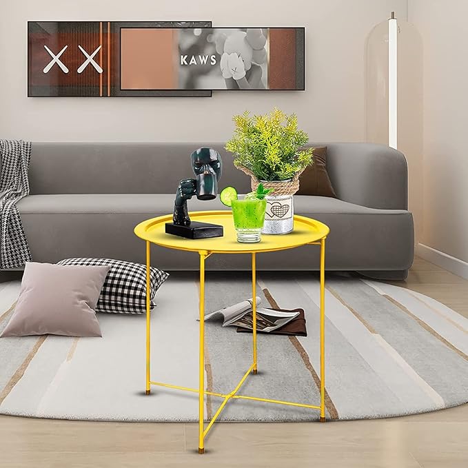 Garden 4 you End Table 2 PCS Metal Side Table Yellow Round Folding Tray Cyan Sofa Small Accent Fold-able Table, Round End Table Tray, Next to Sofa Table, Snack Table for Living Room and Bed Room