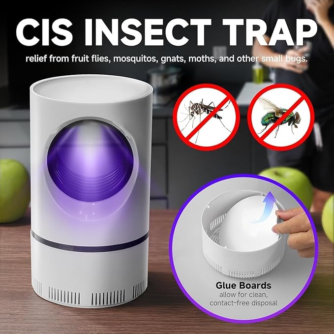 Flying Insect Trap, Fruit Fly Trap for Indoors, Fly Traps Indoor for Home Gnat Traps House Indoor, Bugs Pest Trap with Super Strong Suction and Quiet Operation, 5 Sticky Glue Boards