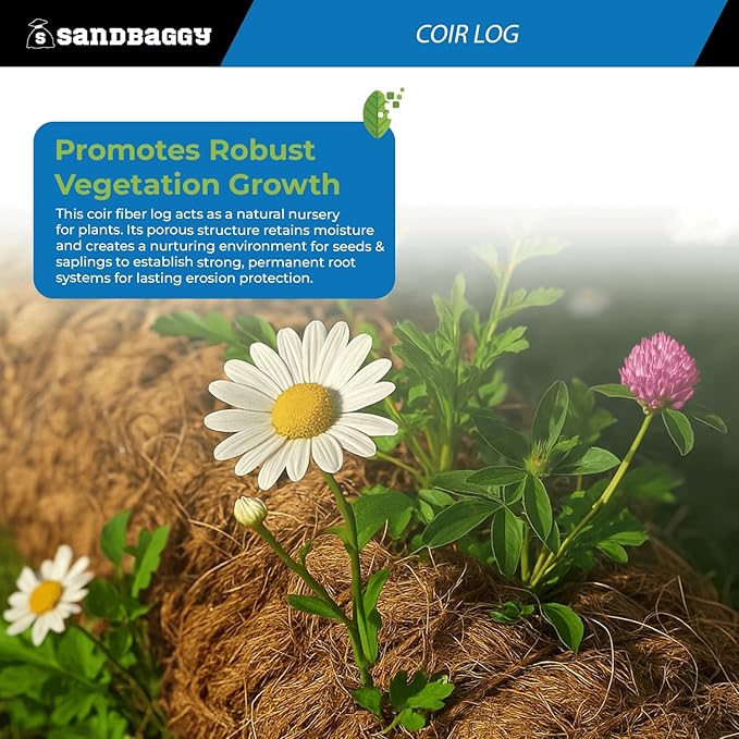 Sandbaggy Coir Fiber Log – 16" Diameter | 100% Biodegradable Erosion Control - Coconut Fiber - Slope Erosion (16" x 10 ft, 20, Count)
