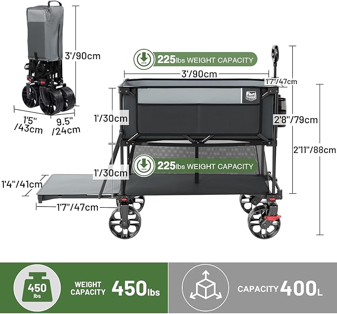 TIMBER RIDGE 400L Large Capacity Folding Double Decker Wagon with Brakes, 54" Extra Long Extender Wagon Cart, 450lbs Heavy Duty Collapsible Cart, All-Terrain Big Wheels for Camping, Sports, Shopping