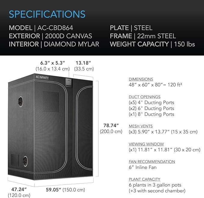 AC Infinity CLOUDLAB 864D 2-in-1 Advance Grow Tent, 60"x48"x80" Thickest 1 in. Poles, Highest Density 2000D Diamond Mylar Canvas, 5x4 for Hydroponics Indoor Growing