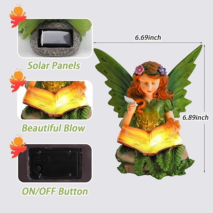 Fairy Garden Statues Outdoor Decor, Solar Fairy Lights Outdoor Lawn Ornaments Resin Sculptures Fairies Garden Decor for Outside Yard Art Patio Porch, Gifts for Women Mom