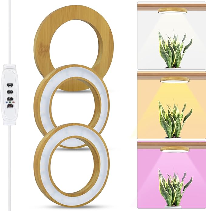 Grow Light for Indoor Plants, 216 LEDs Full Spectrum Halo Plant Light with Auto On/Off Timer (4/8/12H), 10-Level Dimmable, 3 Lighting Modes for Small Plants, Bamboo (6.3 inch Tri Head)