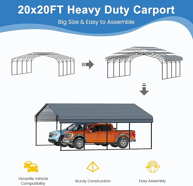 YOLENY Carport 20x20 FT, Heavy Duty Car Port, Car Shelter with Galvanized Metal Roof and Frame, Easy Assembly Carport with Enhanced Base, Expanding Garage Space for Pickup, 2 Cars, Boat and Tractors