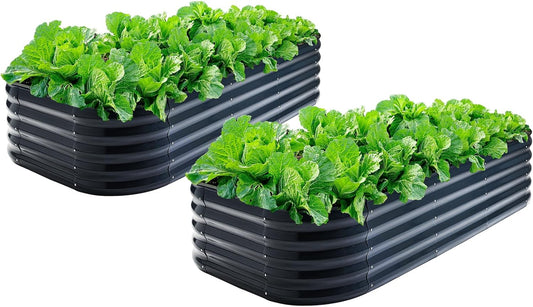 2Pcs Galvanized Steel Raised Garden Bed 8x2ft Oval - 17" Tall 9-in-1 Modular Planter Box for Vegetables/Flowers, Rust-Proof Metal Outdoor Planters Rubber Edging (Grey)