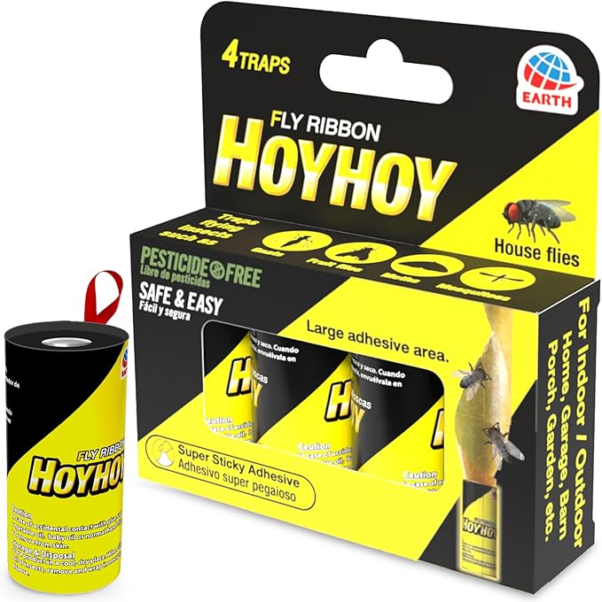 HOY HOY Fly Ribbon 4 Traps (1 Pack) - Multi-Insect Catcher for Home & Garden, Super Sticky, Long Lasting