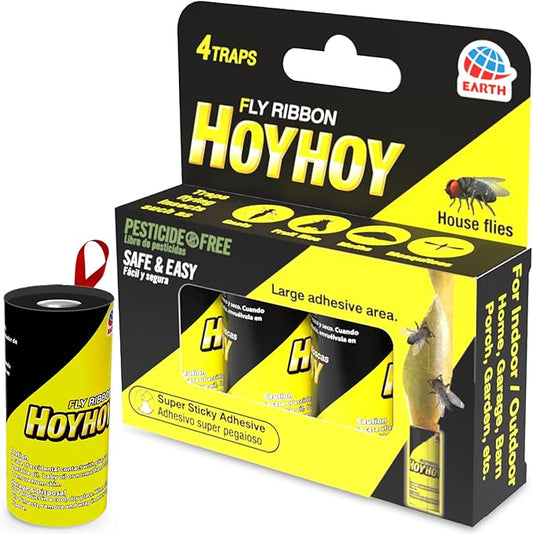 HOY HOY Fly Ribbon 4 Traps (1 Pack) - Multi-Insect Catcher for Home & Garden, Super Sticky, Long Lasting