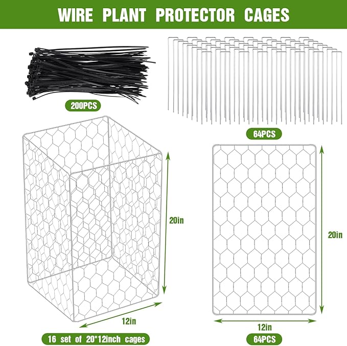 16 Set Wire Plant Protectors Square Wire Plant Cages Chicken Wire Cloche Mesh Plant Cage with 64 Ground Stakes and 200 Nylon Ties Protect Plants, Garden, Vegetables from Animals(12 x 20)