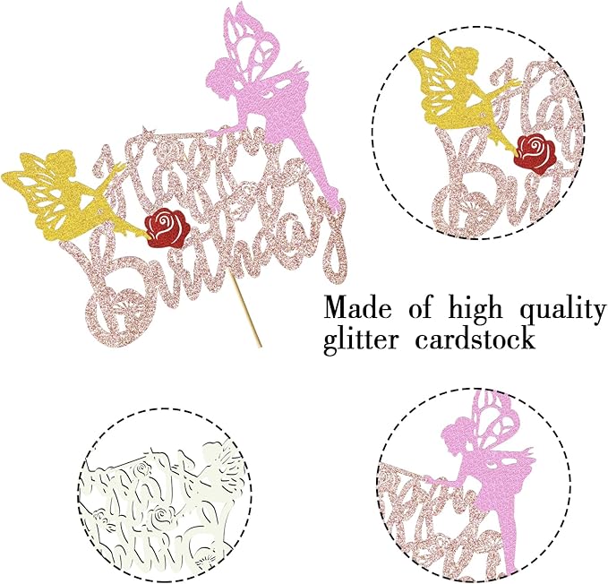 Fairy Party Cake Topper Fairy Birthday Cake Decoration Glitter Fairy Birthday Cake Picks Floral Fairies Party Decoration for Fairy Garden Baby Shower Supplies