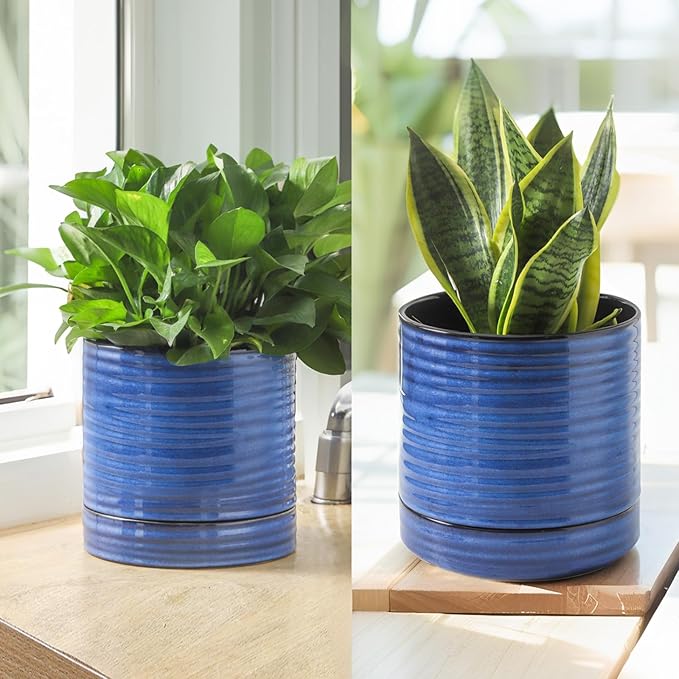 Hasense Ceramic Planter 8 Inch, Round Plant Pot with Drainage Hole and Saucer, Modern Flower Pot for Indoor Outdoor Plants, Home Office Decor, Blue