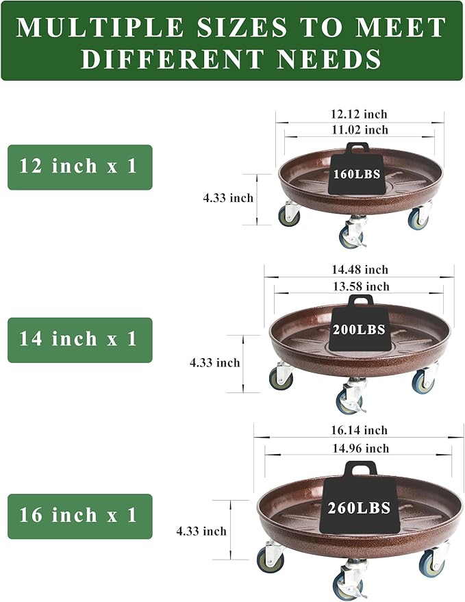Metal Heavy Duty Plant Caddy Round Flower Pot Mover, 3 Pack Mixed of 12", 14" and 16" Rolling Plant Stand with Wheels, Indoor Outdoor Plant Dolly with Casters Planter Tray, Bronze
