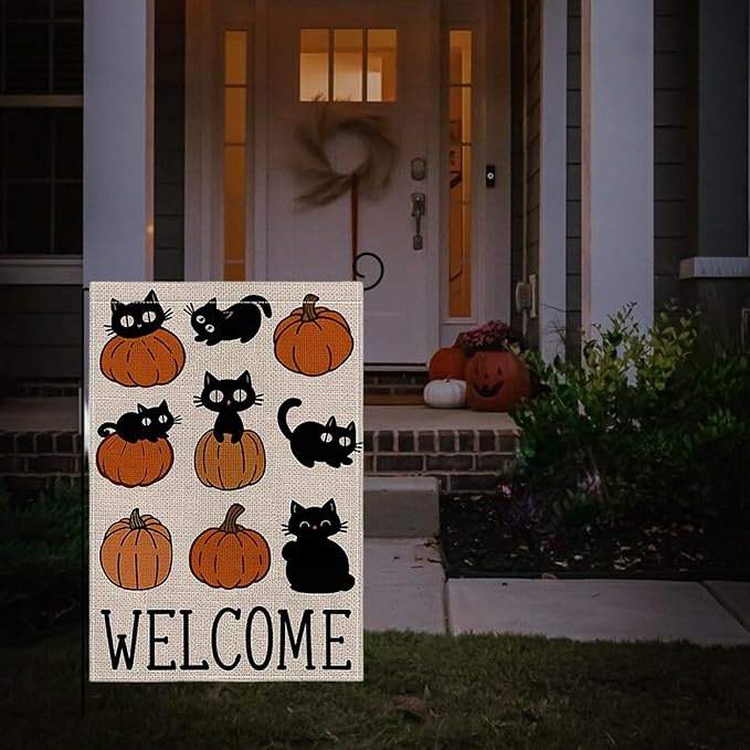 Halloween Garden Flag 12 x 18 Inch Double Sided Cute Cat Pumpkin Designs Fall Autumn Burlap Yard Flag for Outside Rustic Yard Outdoor Holiday Home Decoration