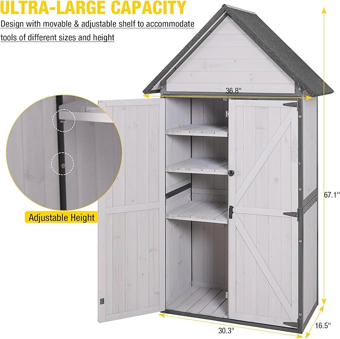 Aivituvin Storage Shed Outdoor Cabinet with All-Around Strong Metal Frame Wooden Tool House with Adjustable Shelfs and Floor,Waterproof Roof (White)